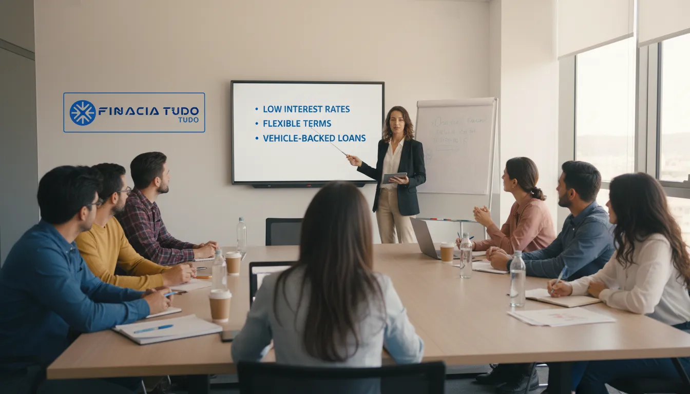 Grupo de autônomos aprendendo sobre as vantagens do crédito com veículo em um workshop financeiro.