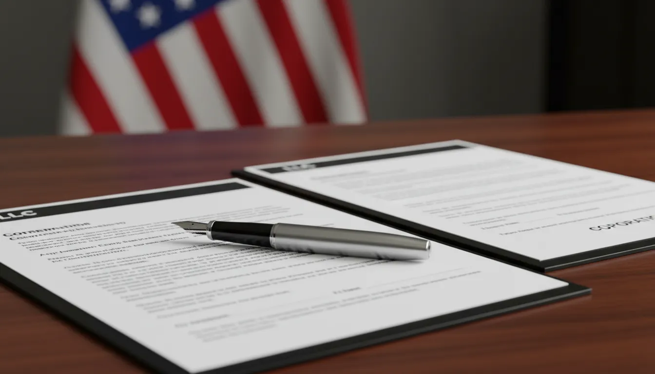 Detalhe de documentos legais que abordam a formação de uma LLC ou Corporation, representando o processo burocrático.