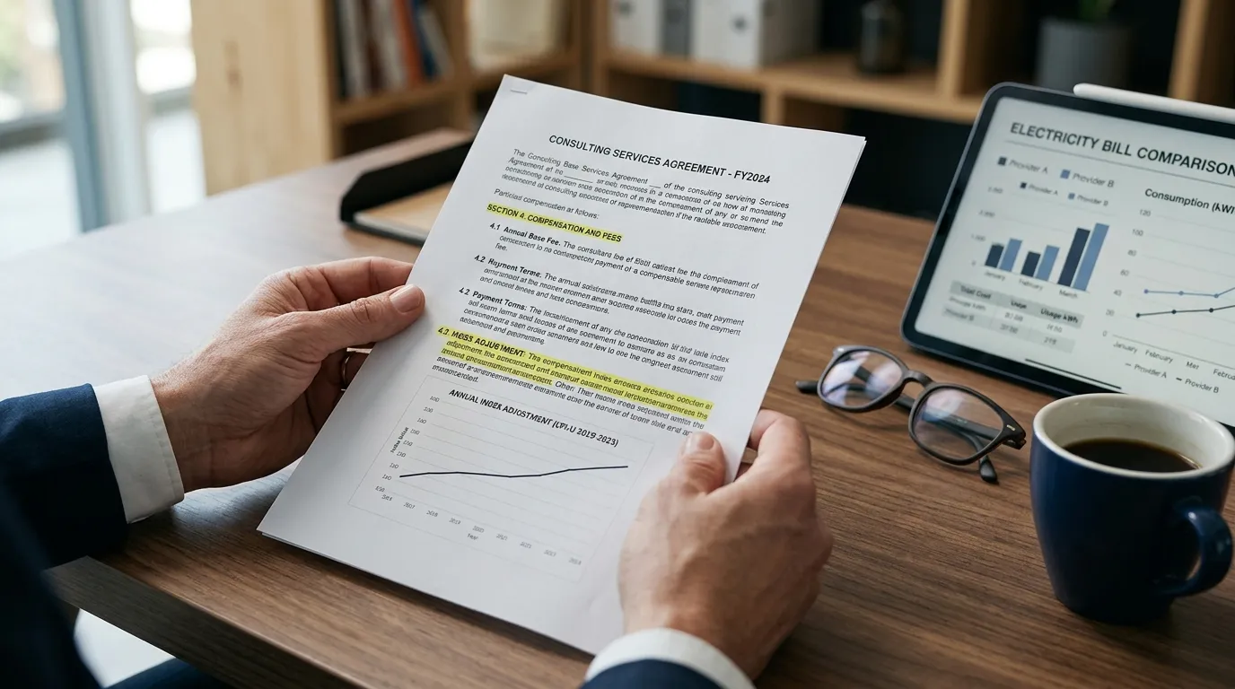 Detalhes de reajuste no contrato de energia solar por assinatura com gráficos comparativos de custos.