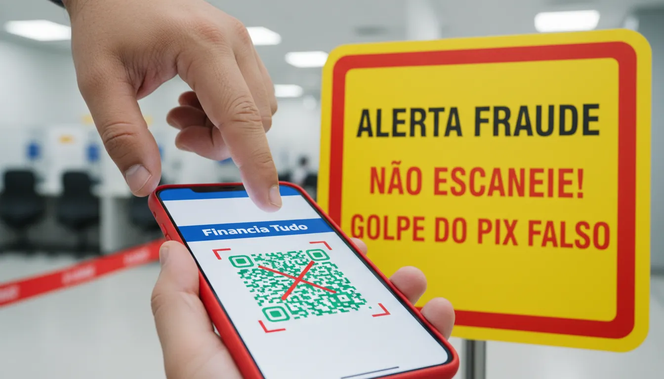 Mão pairando sobre QR code falso do Pix, com sinal de alerta. Fique atento às fraudes e garanta a segurança no pix com as dicas da Financia Tudo.