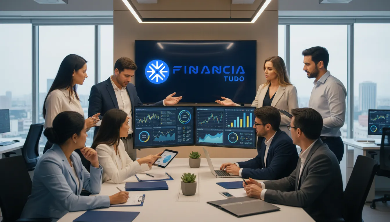 Especialistas da Financia Tudo colaborando na análise de opções de financiamento, incluindo home equity, em um escritório moderno.