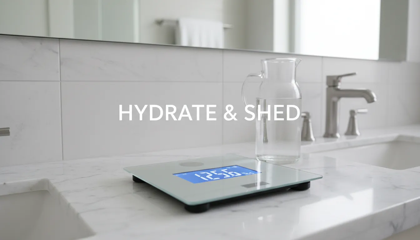 Balança digital mostrando um peso menor, com um copo de água ao lado: beber água emagrece e ajuda a controlar o peso.