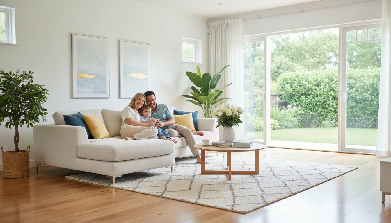 Família feliz desfruta de lar livre de cupins após dedetização para controle de cupins em residências. Ambiente seguro.