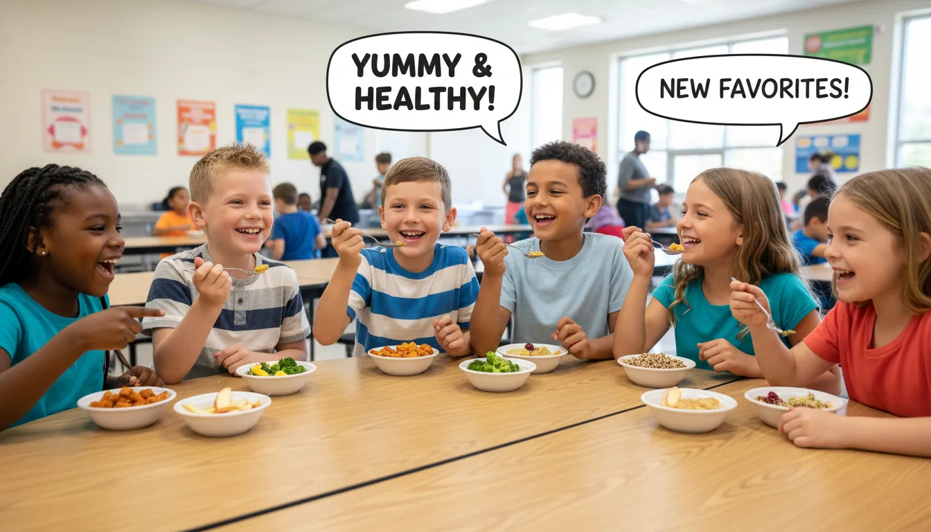 Crianças experimentando novos alimentos saudáveis em refeitório escolar