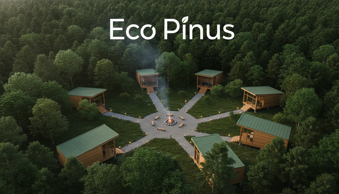 Vista aérea de um resort Eco Cabanas, com cabanas construídas em pinus tratado, integradas à floresta, transmitindo tranquilidade e a promessa de uma experiência sustentável.