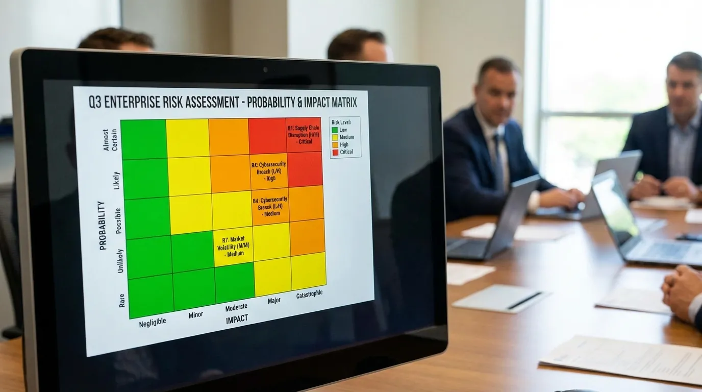 Tabela de matriz de probabilidade e impacto de riscos na reunião empresarial