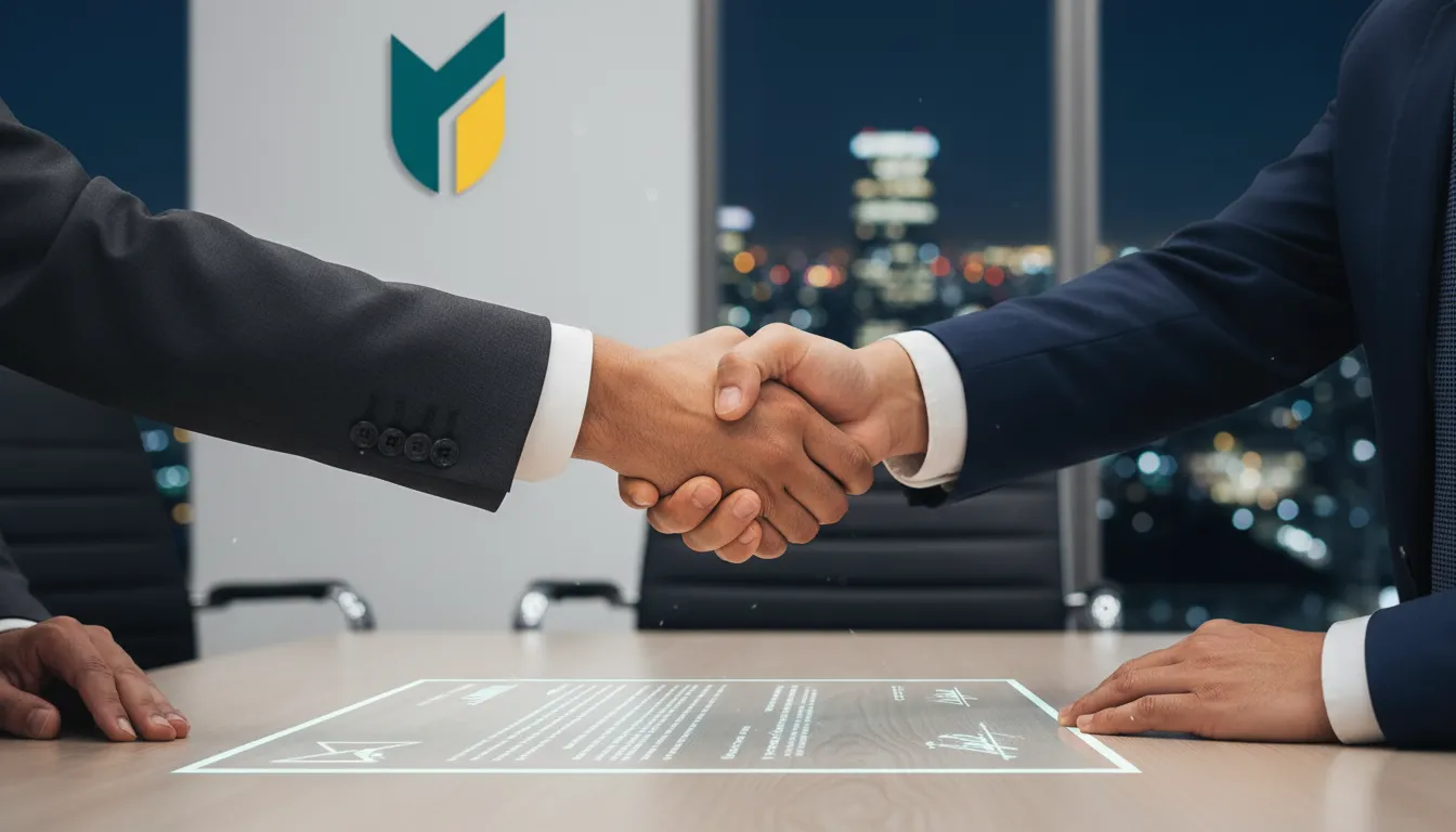 Um aperto de mão sobre um contrato digital representa um acordo formal, enfatizando a importância de um contrato social bem definido.