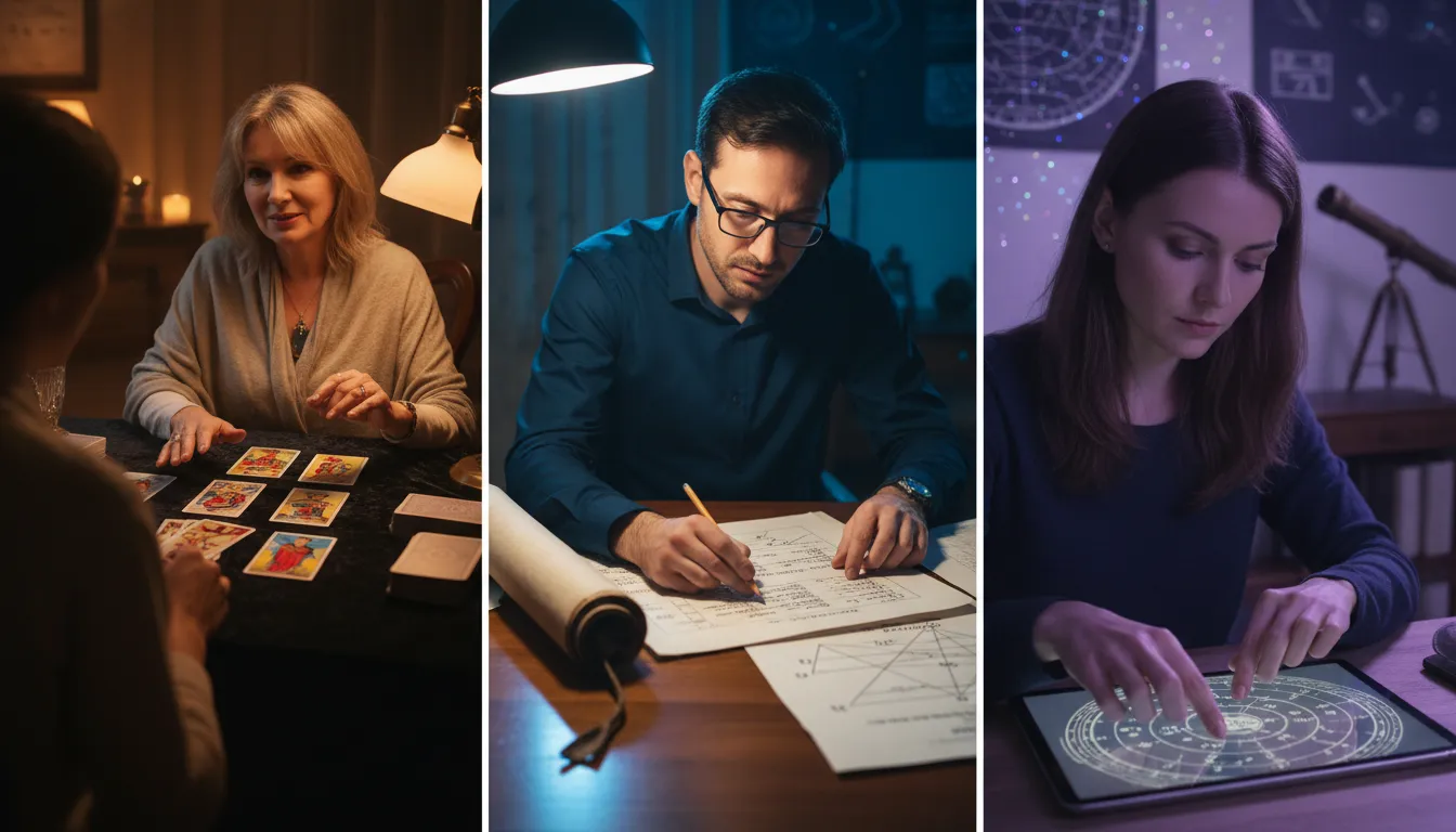 Imagem dividida mostrando consultas de tarot, numerologia e astrologia, destacando a individualidade de cada prática de aconselhamento.