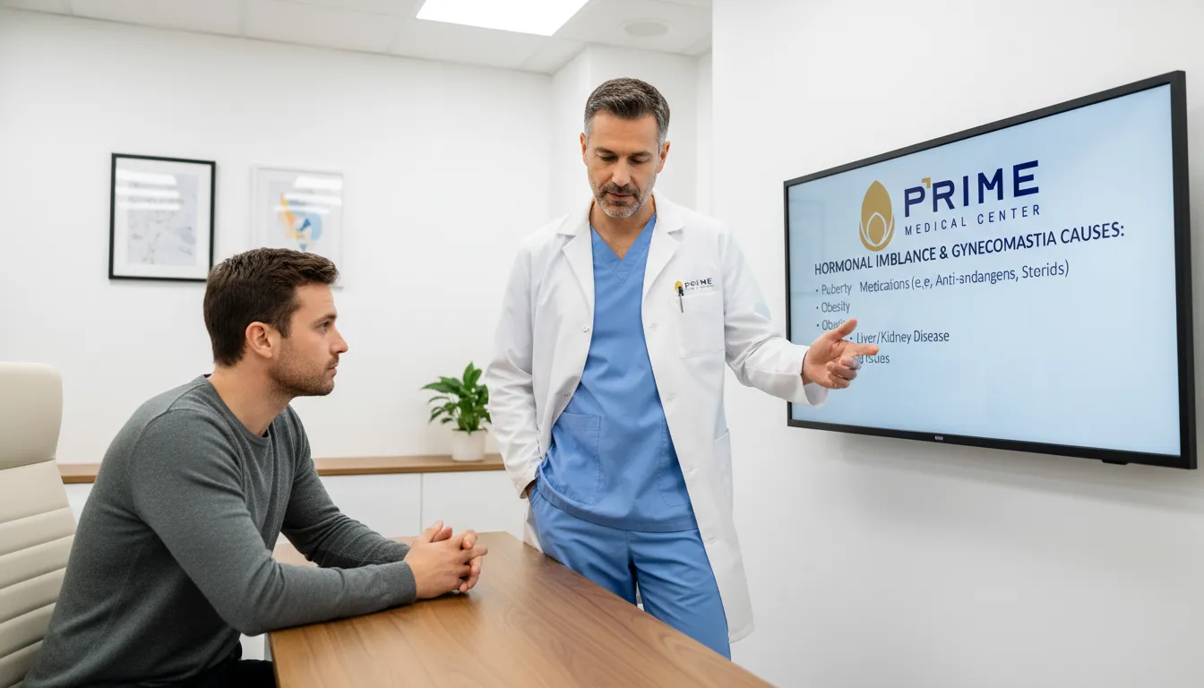 Médico explicando as diversas causas da ginecomastia a um paciente, utilizando recursos visuais em um consultório.