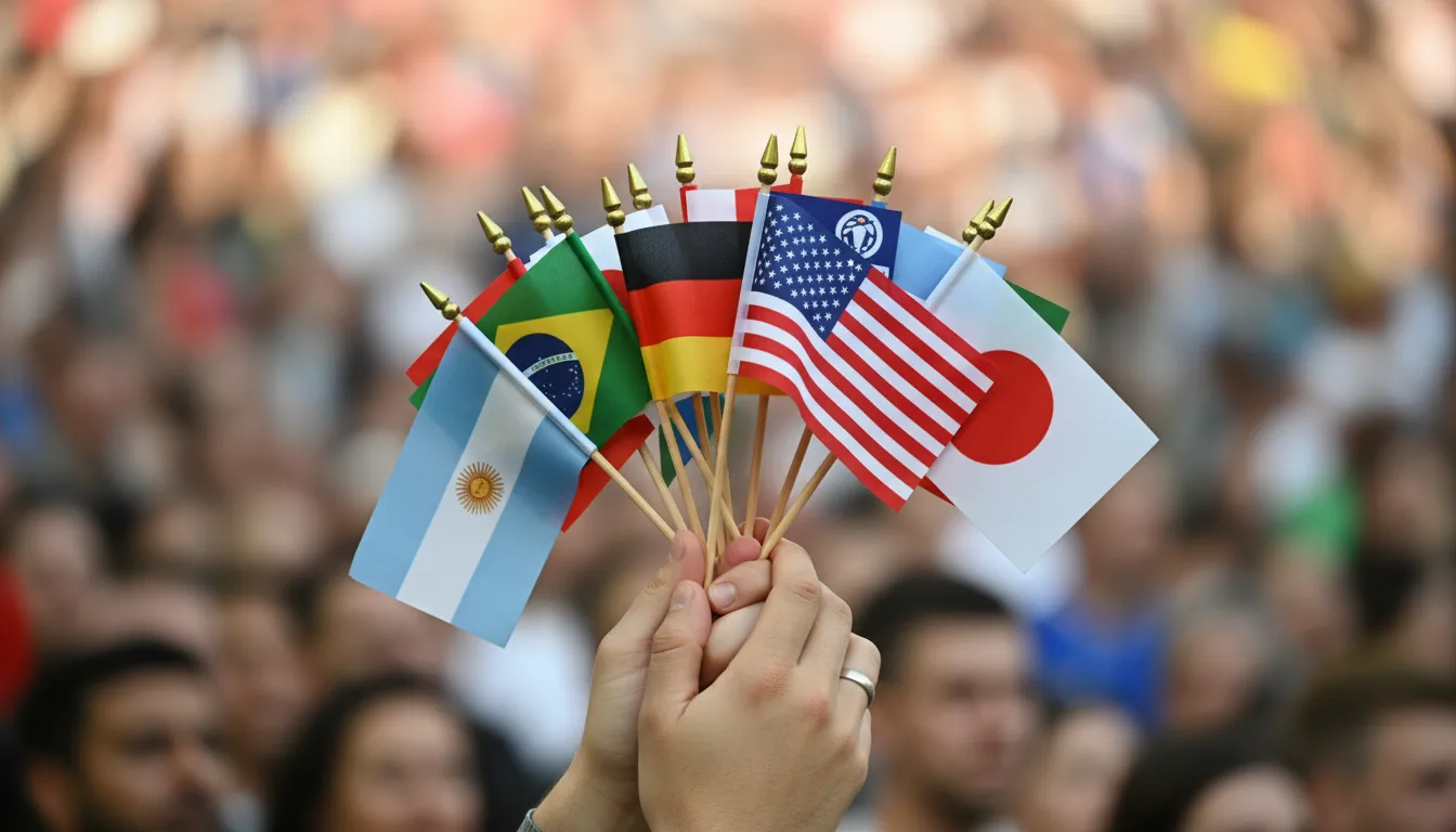 Close-up de mãos segurando a bandeira dos EUA e outras, representando a união de nações na bandeira copa do mundo 2026.