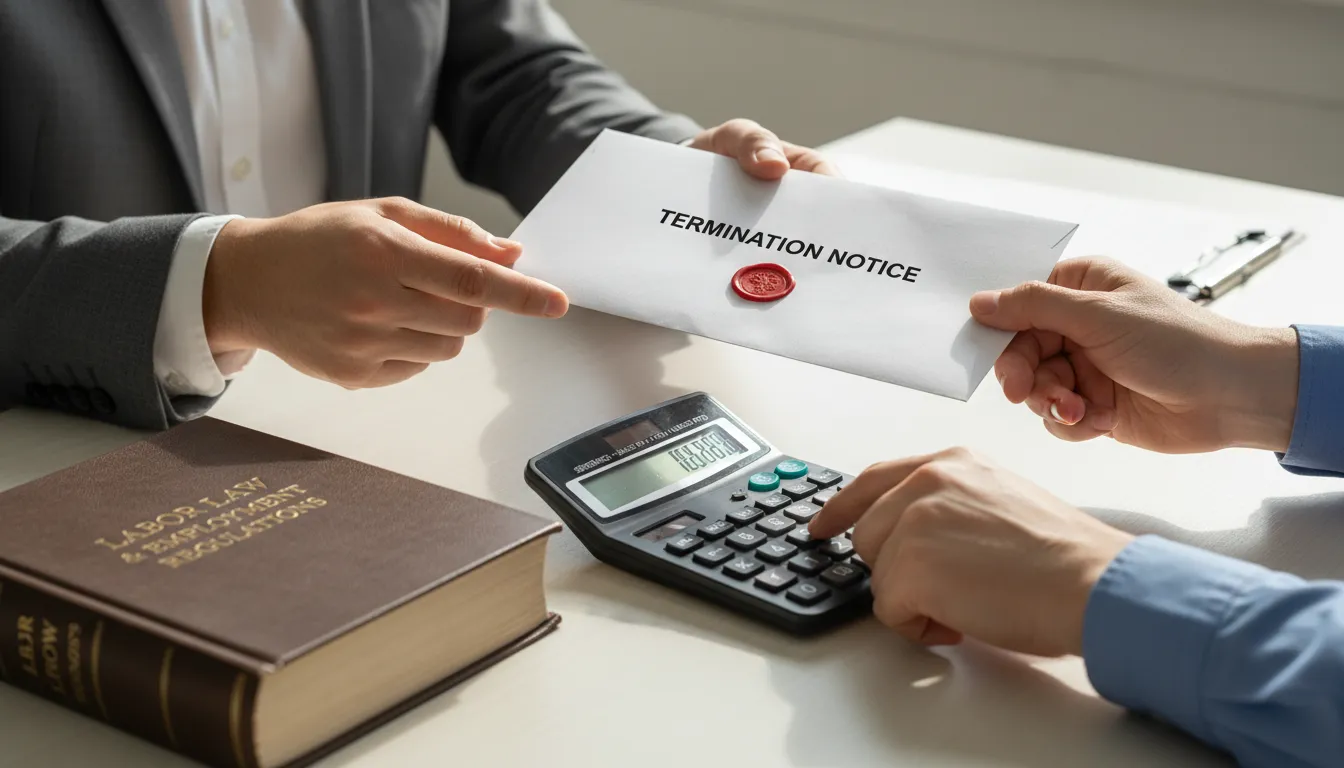 Detalhe realista de aviso prévio sendo entregue e cálculo rescisório com livro de direito do trabalho.