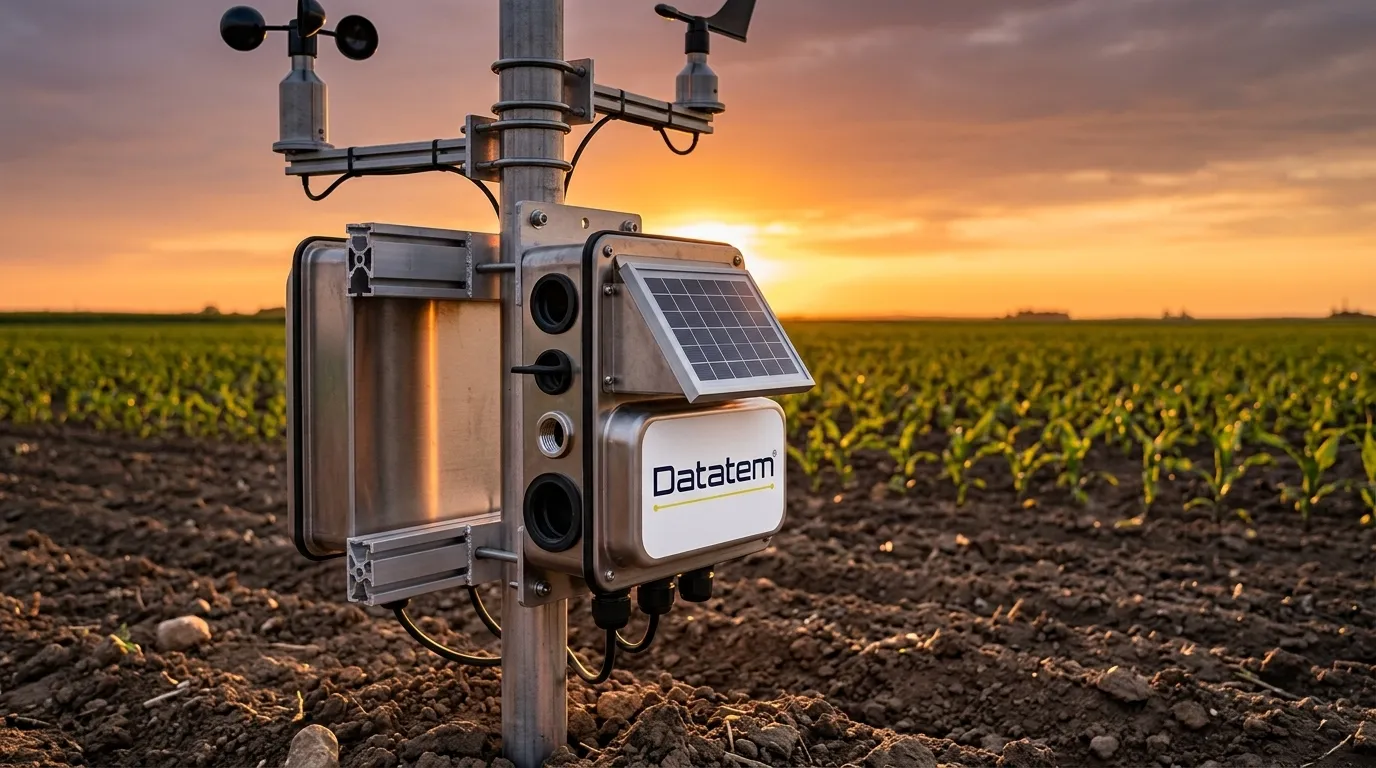 Estacao de monitoramento ambiental em area agricola transmitindo dados climaticos via telemetria sem fio.