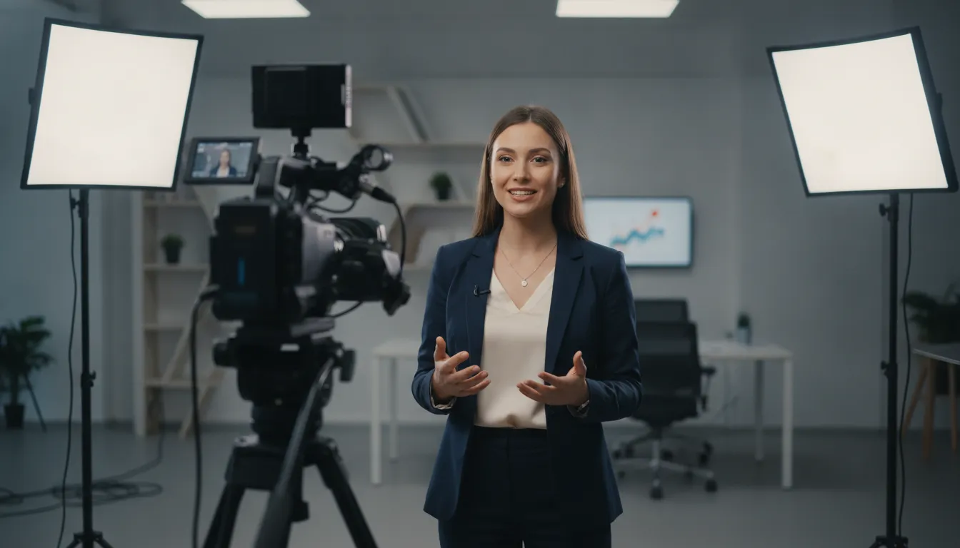Mulher grava vídeo profissional em estúdio, criando conteúdo de autoridade para marketing de performance eficaz.