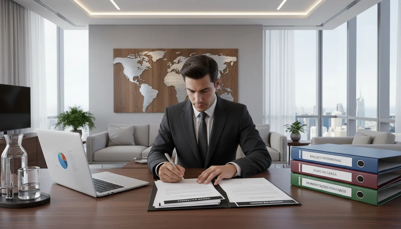 Empresário assinando documentos para constituição de offshore com apoio contábil.