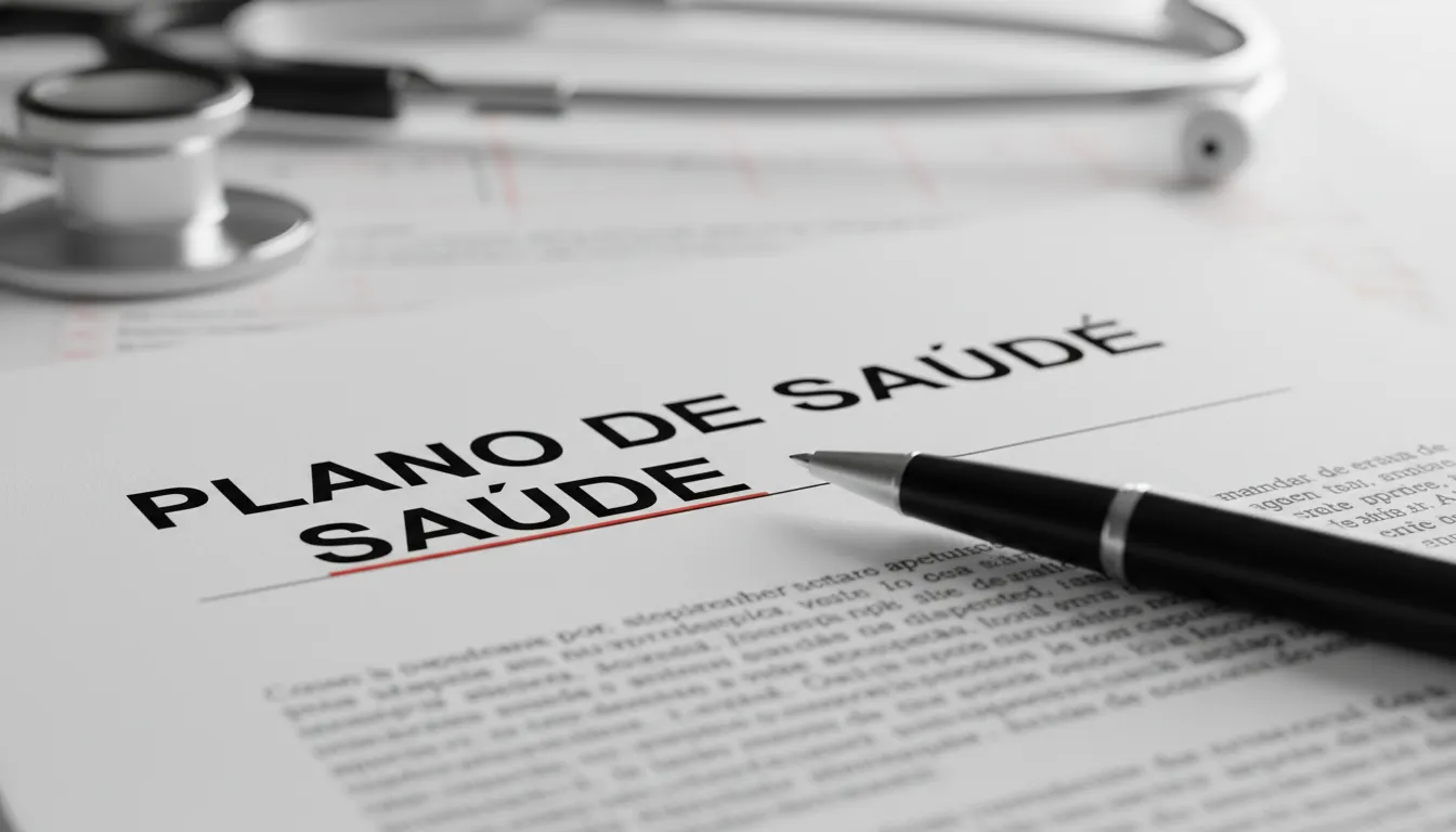 Detalhe de documentos legais sobre plano de saúde, com advogado em Taubaté analisando para ação judicial.