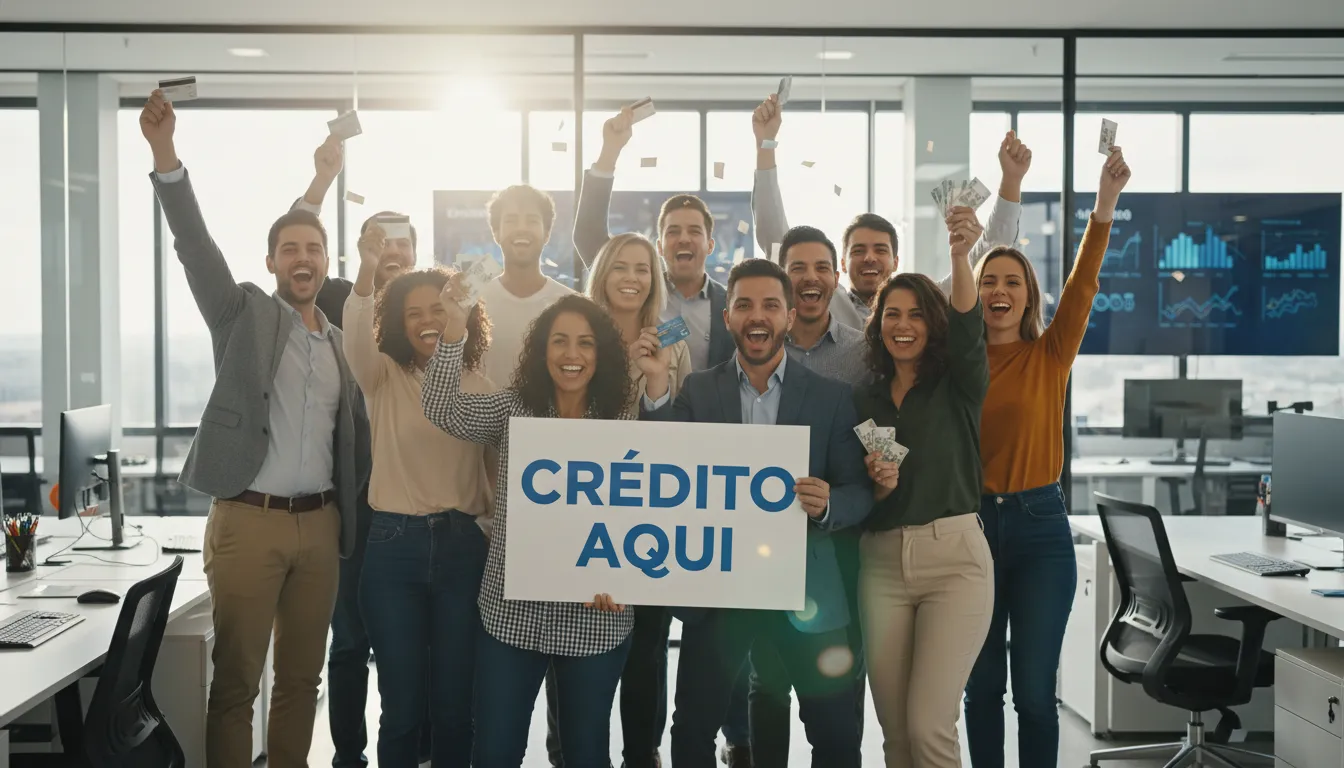 Grupo diverso celebrando sucesso financeiro com a Financia Tudo, mostrando os benefícios da indicação de crédito e acesso facilitado a soluções financeiras.
