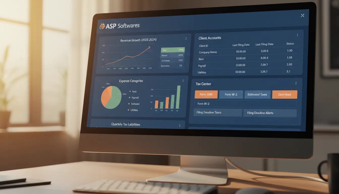 Tela de computador exibindo sistema financeiro da ASP Softwares.