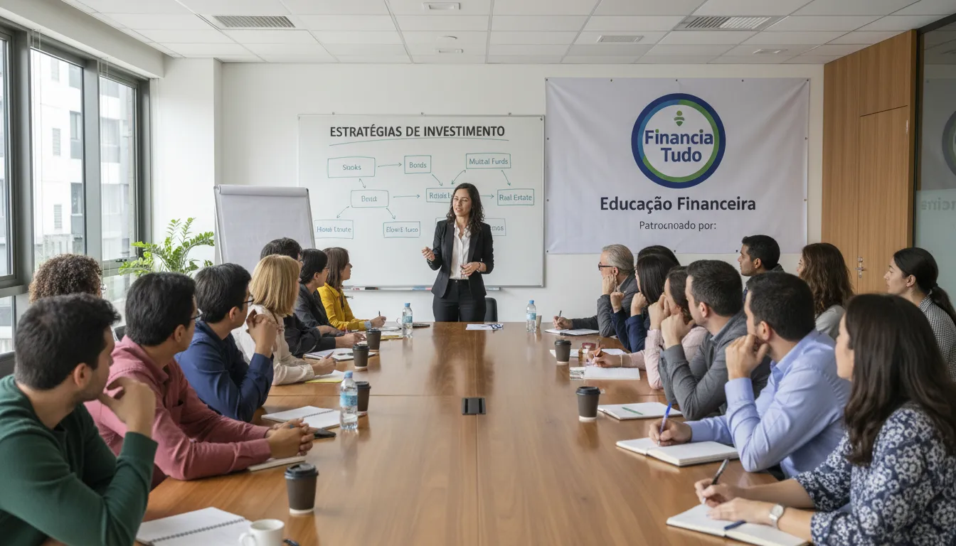 Grupo diverso participa de um workshop de educação financeira patrocinado pela Financia Tudo, aprendendo sobre investimentos.