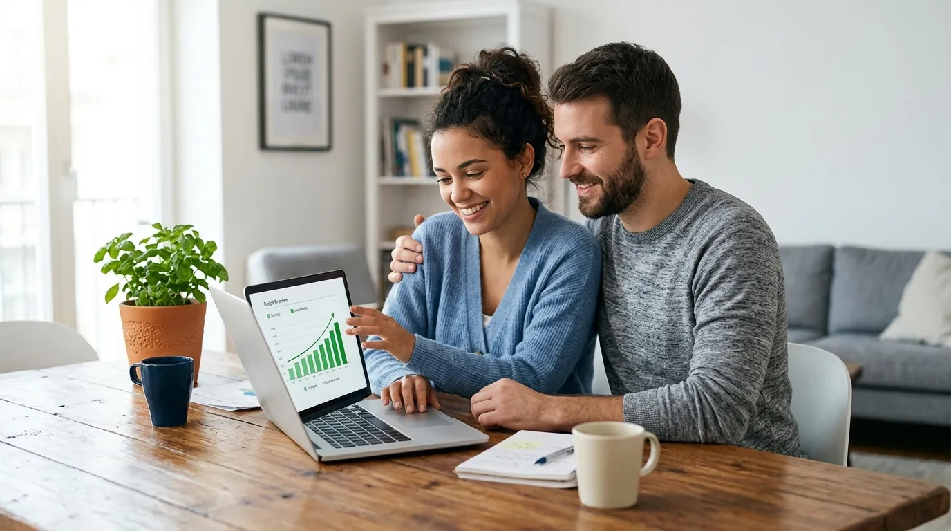 Casal planejando finanças com tranquilidade refletindo o bem-estar integral e estabilidade emocional.