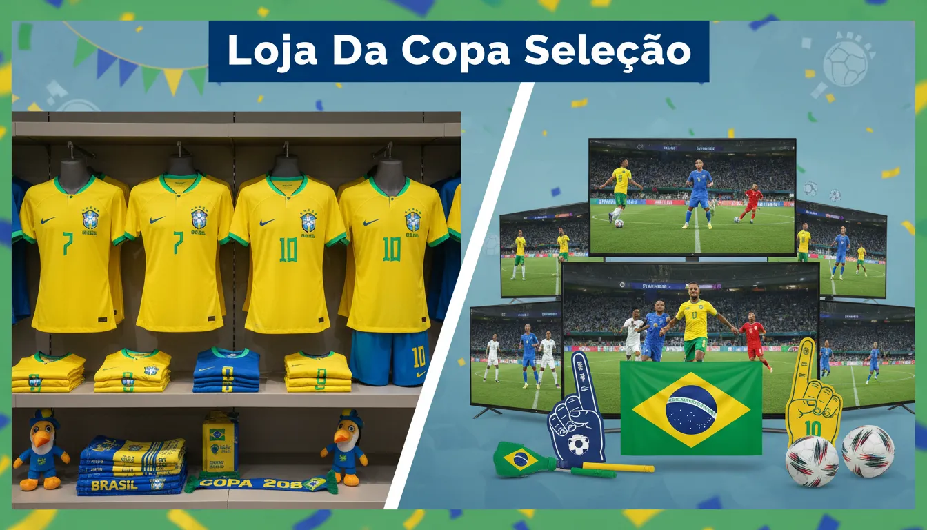 Diversos produtos da Loja Da Copa, como camisas da selecao brasileira, TVs de alta definição e produtos para fãs, com tema da Copa do Mundo.