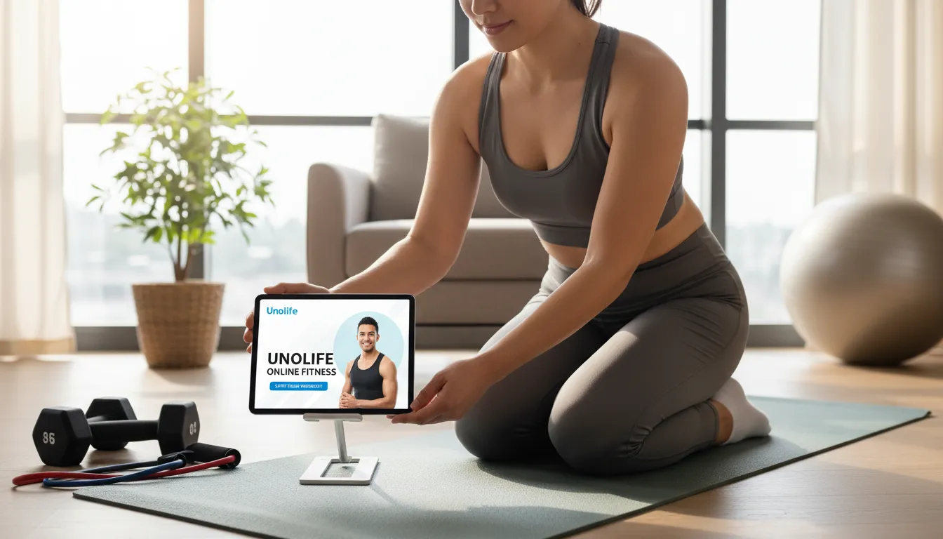 Preparativos para uma sessão de treino online em casa, mostrando a simplicidade de iniciar uma rotina de exercícios com a ajuda da tecnologia. Conecte-se e treine online.