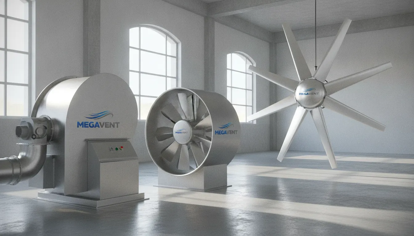 Comparativo visual de três ventiladores: centrífugo industrial, axial e HVLS, destacando suas diferenças em um ambiente fabril MegaVent.