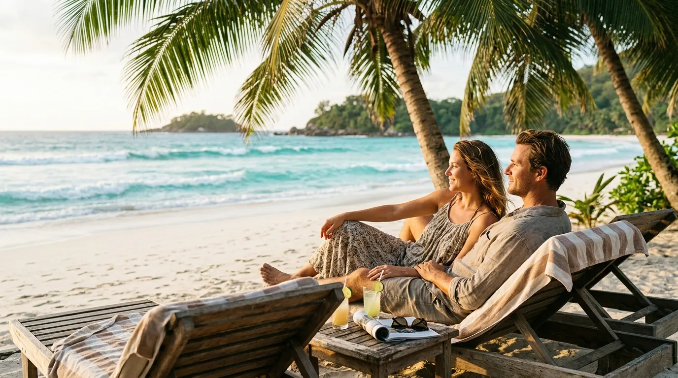 Casal relaxando na praia ao escolher Maragogi ou Porto de Galinhas como destino.