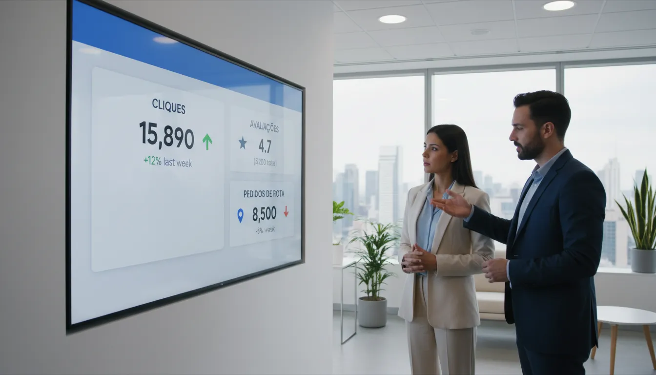 Consultor wellness analisando métrica de SEO local e desempenho no Google Maps.