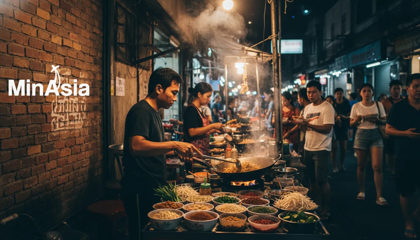 Mercado noturno de comida rua em Bangkok, Tailândia, com vendedor preparando Pad Thai.