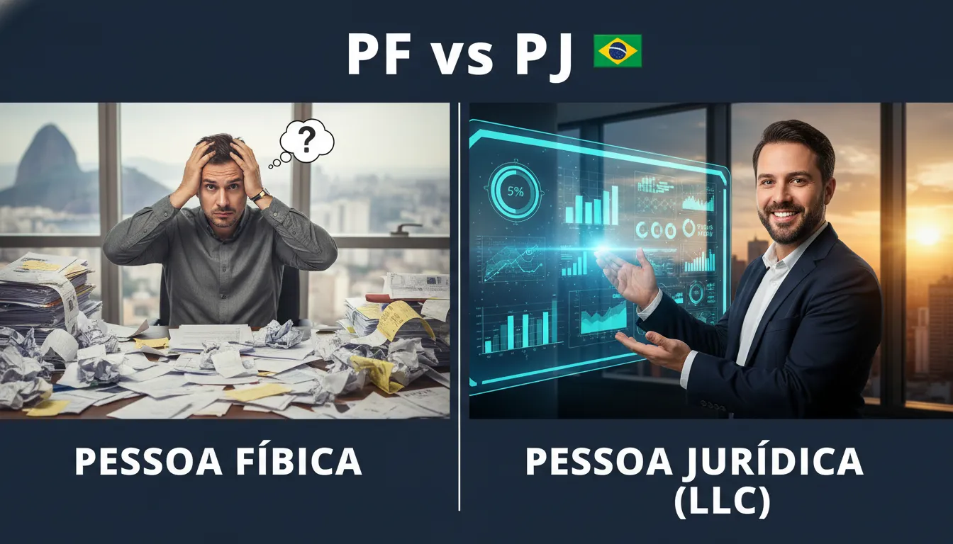 Ilustração comparando a confusão de uma pessoa física com a clareza de uma jurídica ao receber em dolar, destacando as vantagens da consultoria.