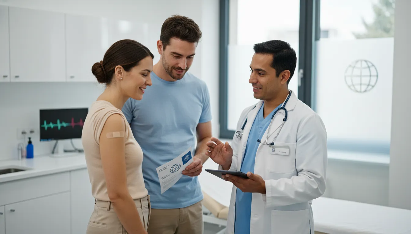 Casal em clínica médica estrangeira, recebendo atendimento tranquilo graças ao seguro saúde viagem.