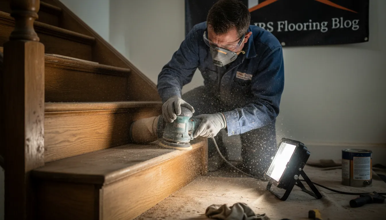 Expertly refinishing Stair flooring, the craftsman reveals the natural wood grain, highlighting JRS Flooring's meticulous work.