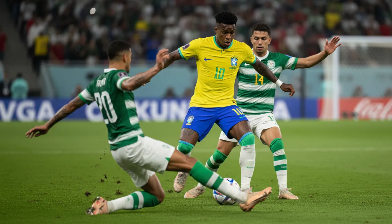 Vinicius Jr. driblando habilidosamente em jogo da copa 2026, demonstrando sua agilidade e velocidade.