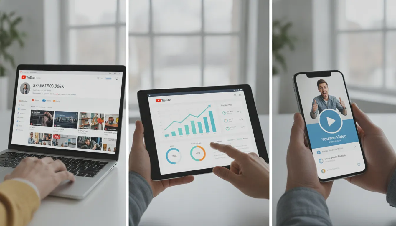 Múltiplas telas exibindo sucesso de campanha de video marketing no YouTube e análises de desempenho.