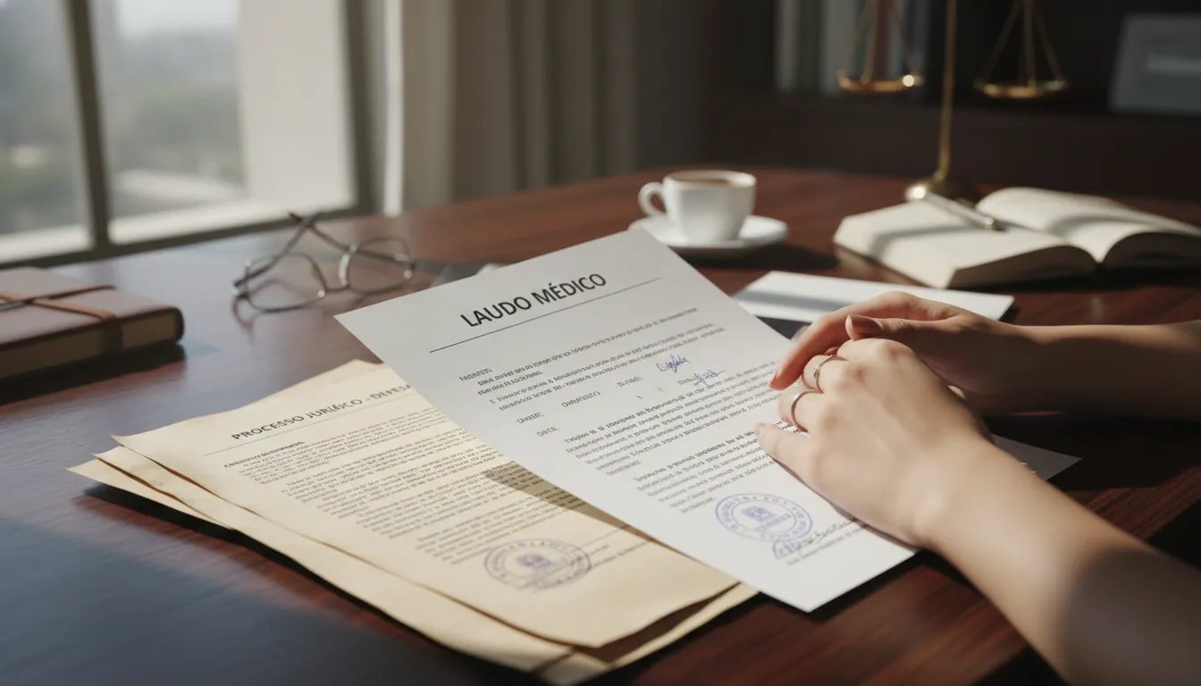 Mãos femininas com documentos jurídicos e médicos sobre a mesa, ilustrando defesa e análise documental em processo penal.