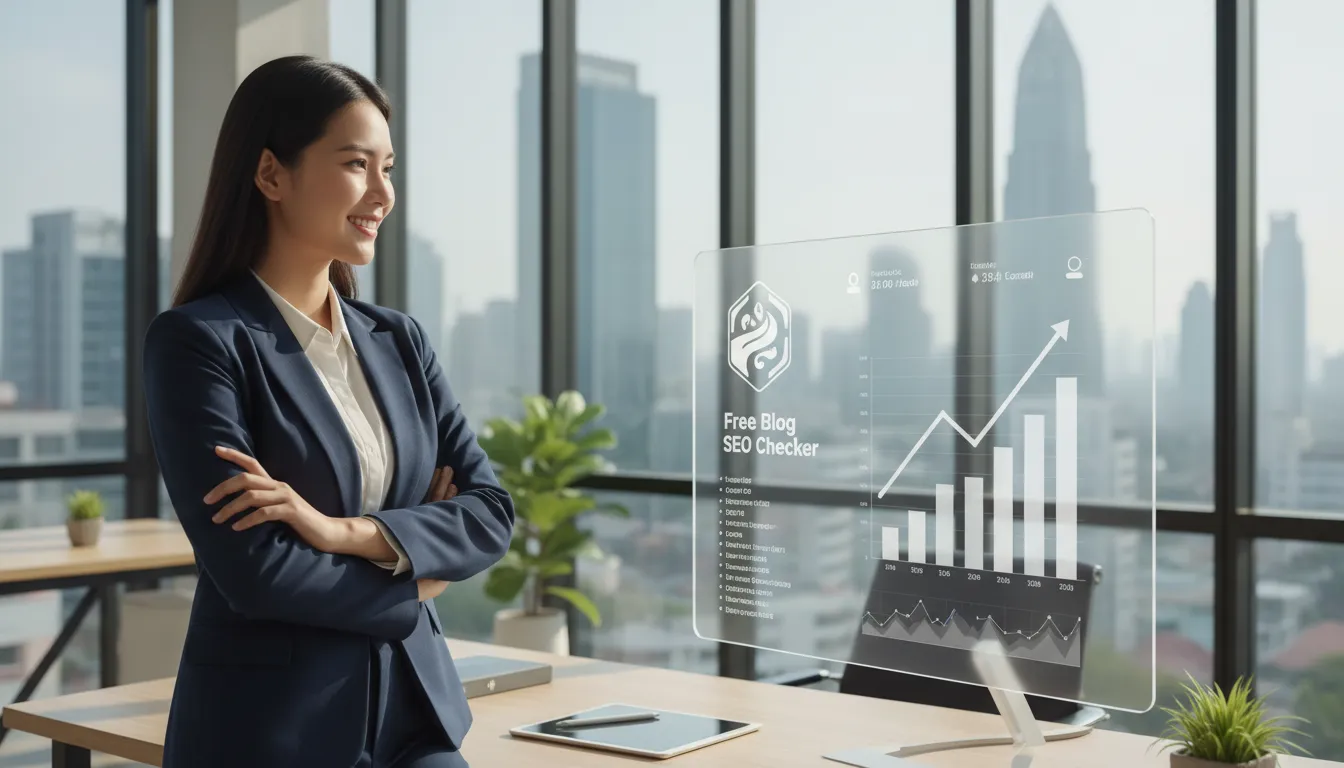 Mulher satisfeita com dashboard mostrando crescimento de blog seo checker free.