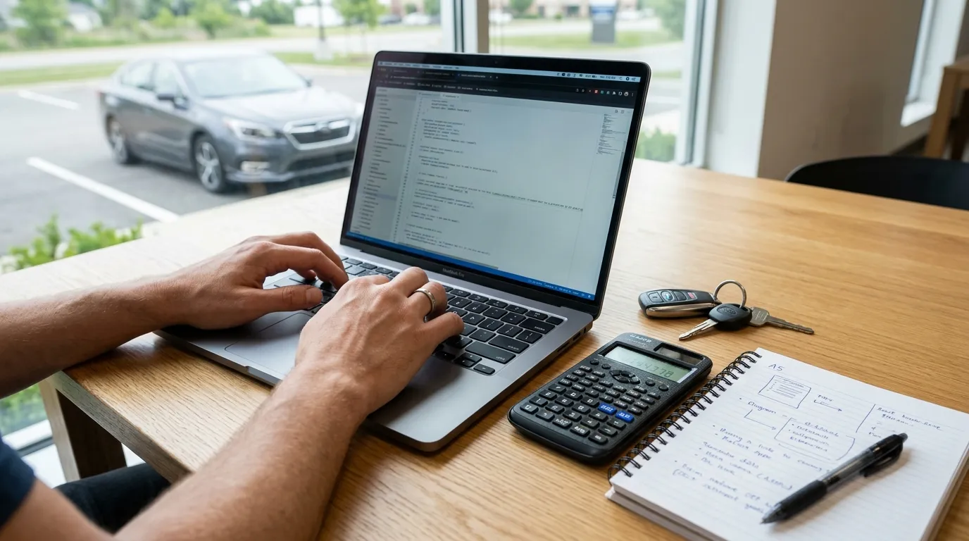 Pessoa simula refinanciamento de veiculo com parcelas restantes no computador com chave de carro ao lado.