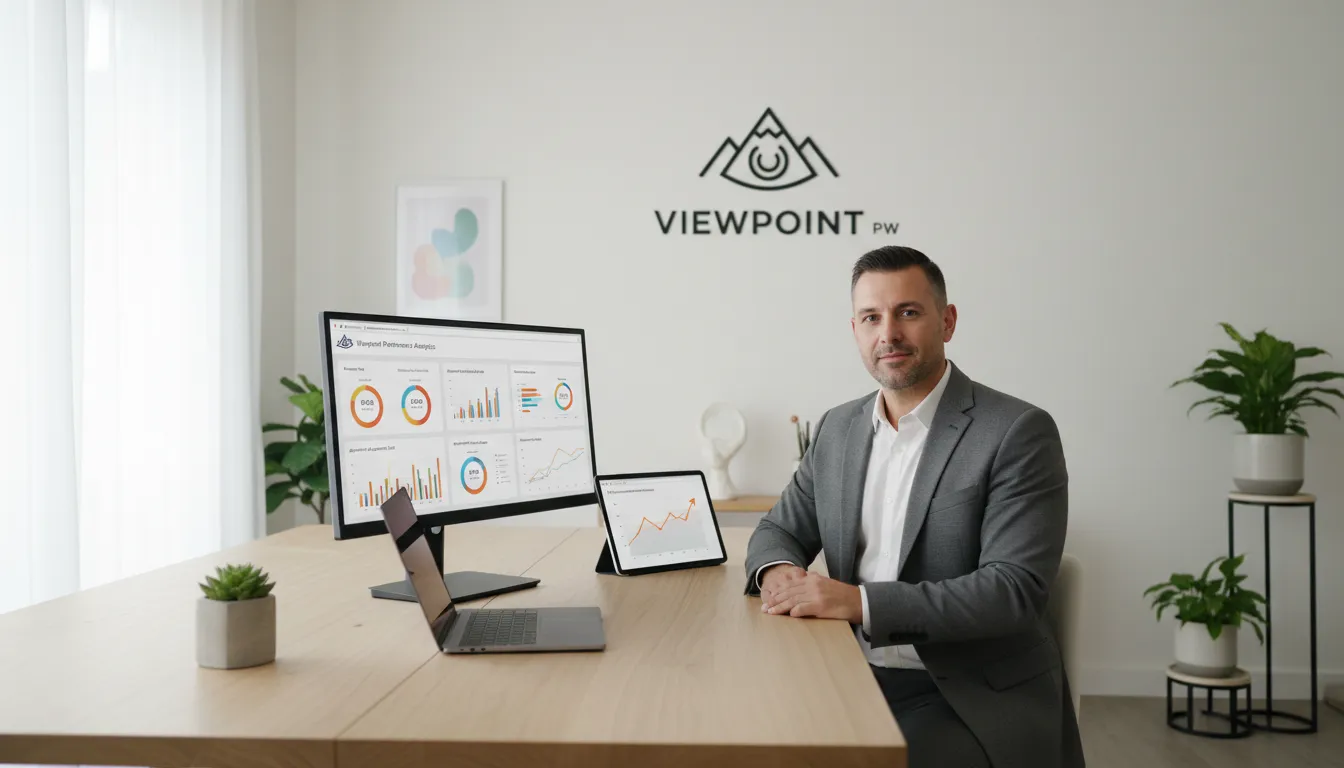 Empresário de clínica wellness analisando métricas de growth marketing o que é, com dashboard web aberto, demonstrando produtividade e sucesso sob a marca Viewpoint.