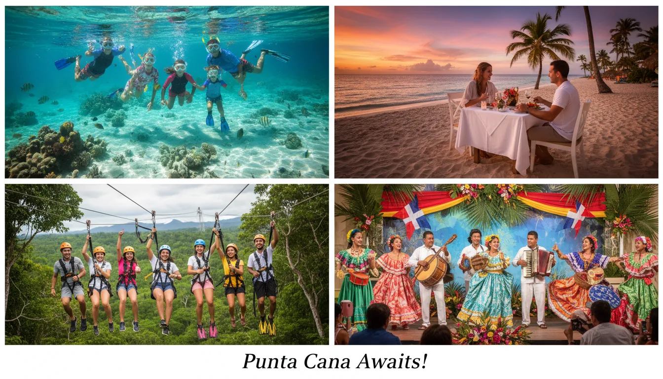 Colagem vibrante de atividades em Punta Cana viagem, incluindo snorkeling, jantares românticos e tirolesa.