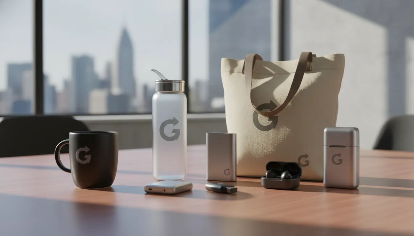Kit de brindes corporativos variados e modernos expostos sobre mesa em ambiente corporativo.