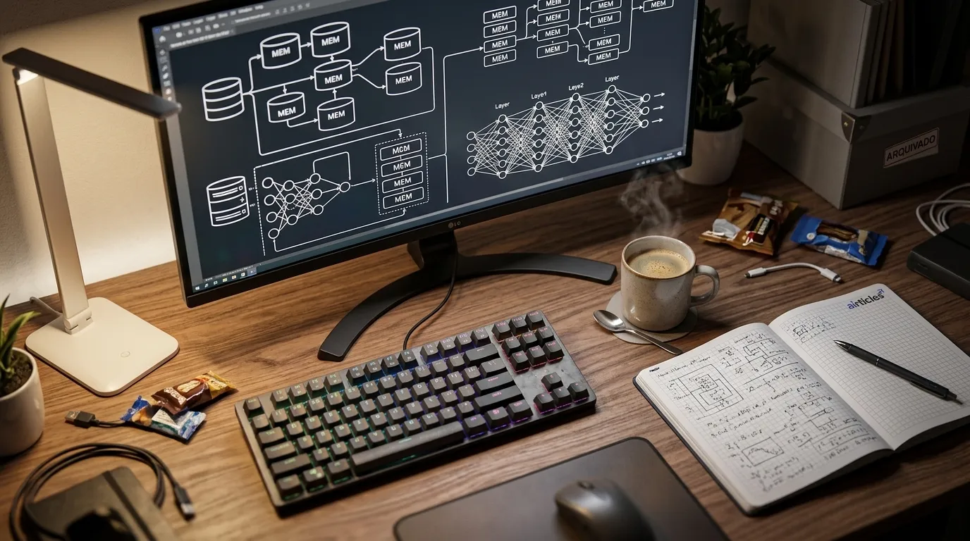 Monitor exibe diagramas de banco de dados com a sigla mem em escritório.