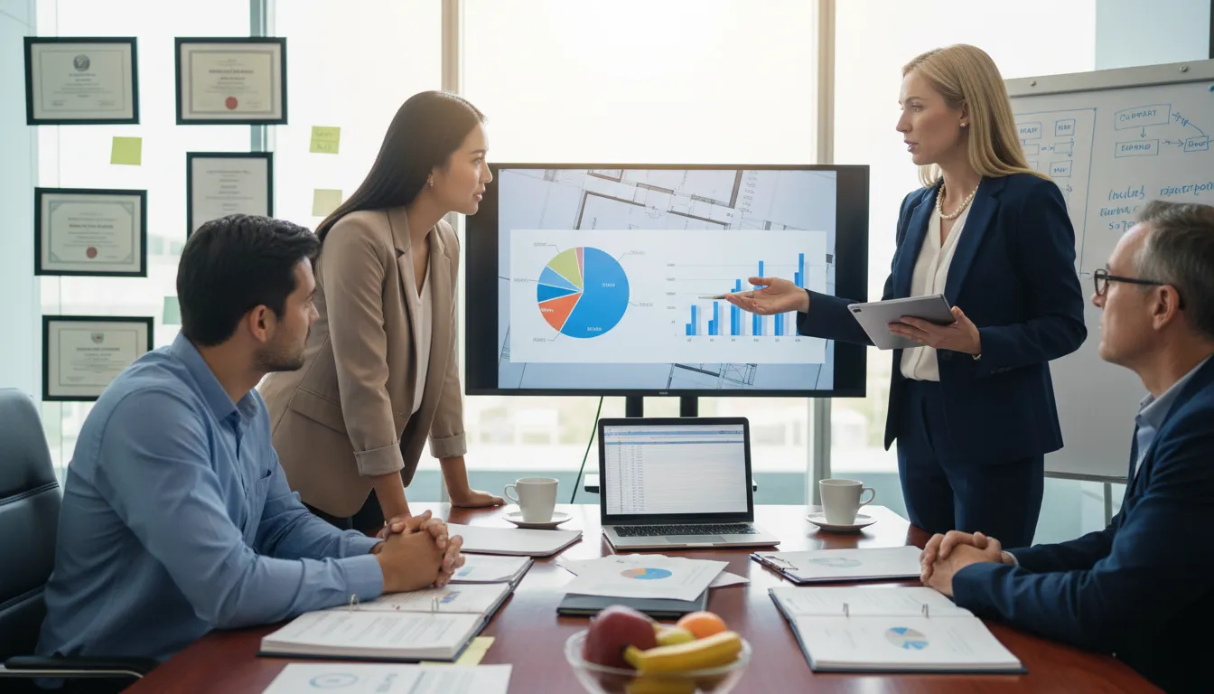 Advogado explicando soluções para empresários em reunião, gráficos e documentos ao fundo, clima de entendimento.