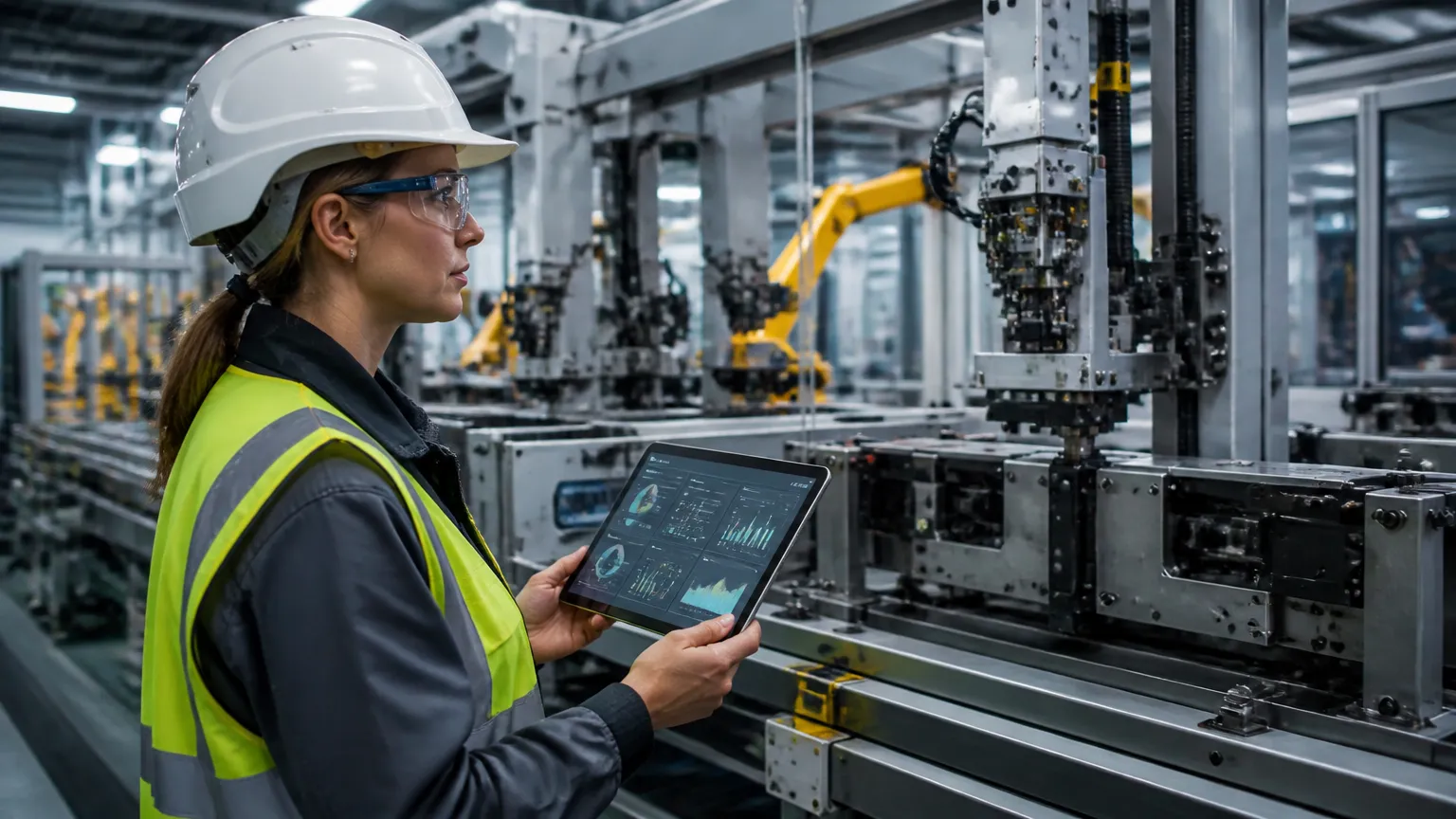 Gestora usando tablet com sistema de gerenciamento de atendimento de ordens na fábrica.