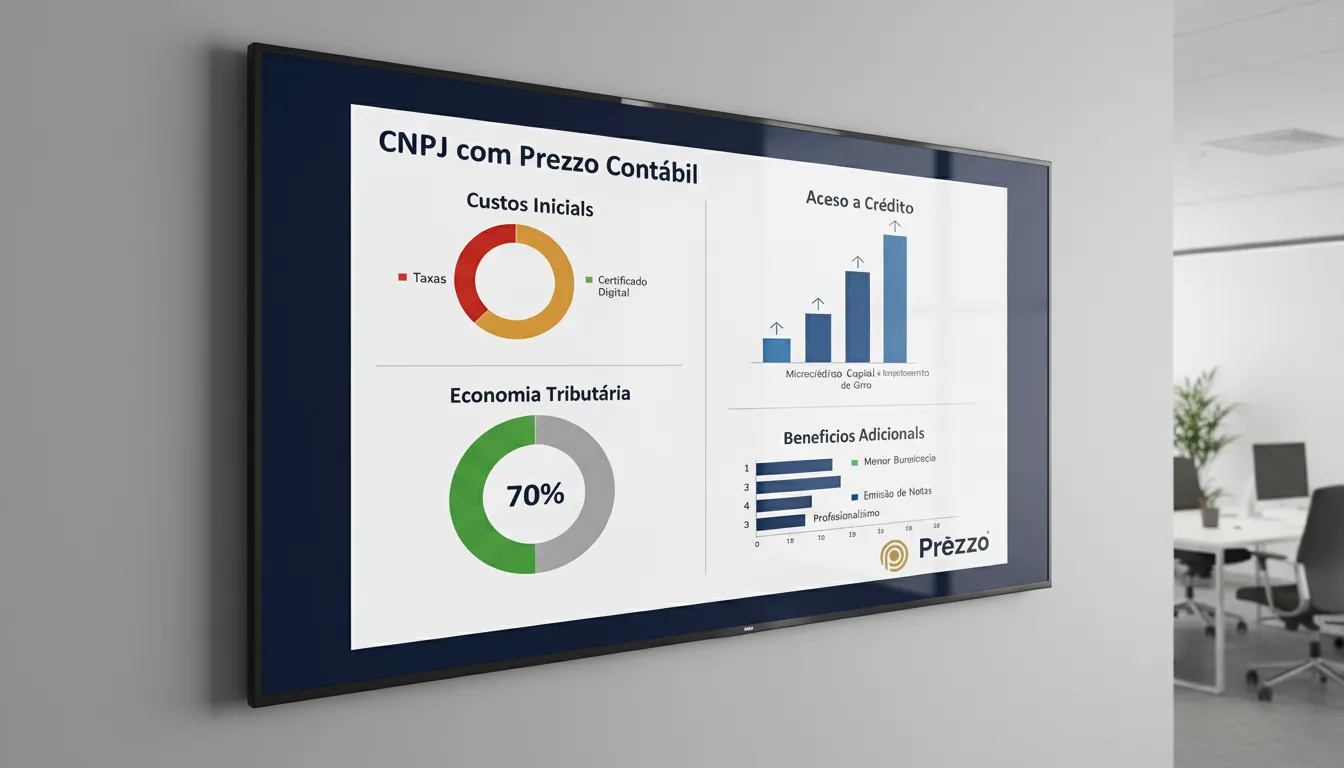Infográfico mostrando os custos e benefícios de abrir um CNPJ com a assessoria da Prezzo Contábil.