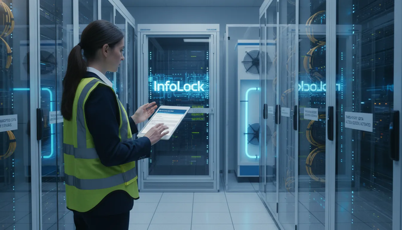 Um auditor de TI inspecionando instalações de armazenamento de dados de uma empresa, registrando descobertas relacionadas ao acesso de terceiros e controles de segurança, focando na gestão de terceiros lgpd.