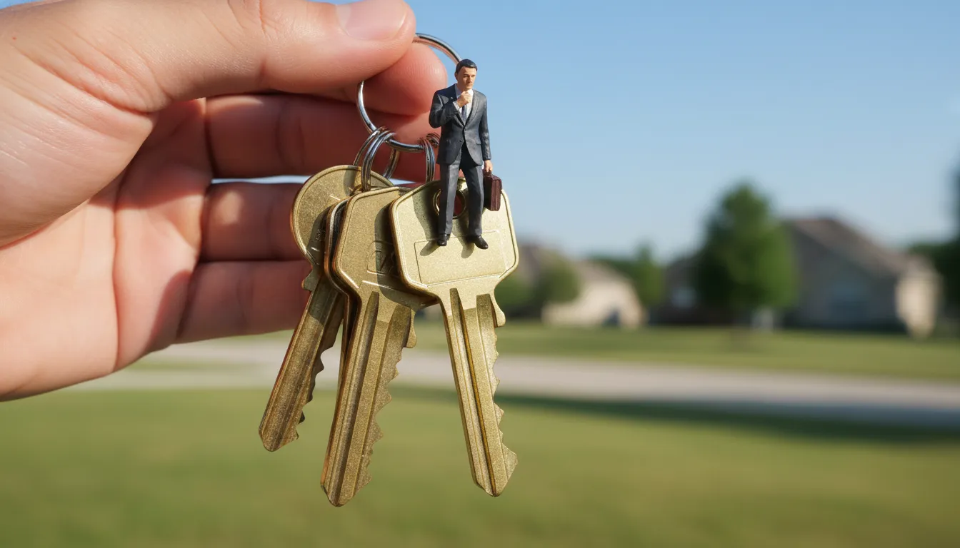 Consultor financeiro em miniatura sobre chaves da casa, representando usar valor do imóvel para crédito com sabedoria.