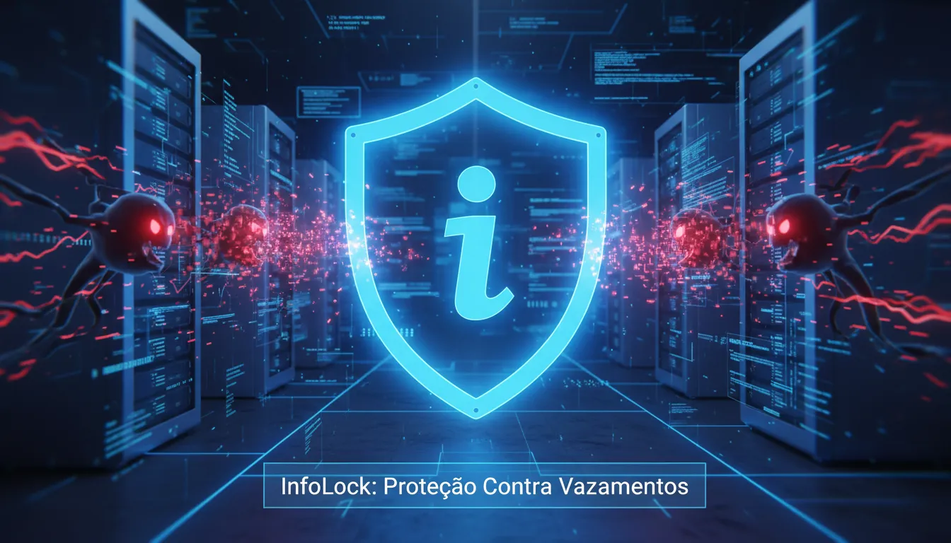Escudo digital InfoLock repelindo ataques cibernéticos, simbolizando soluções eficazes para evitar vazamentos e garantir a RIPD LGPD.