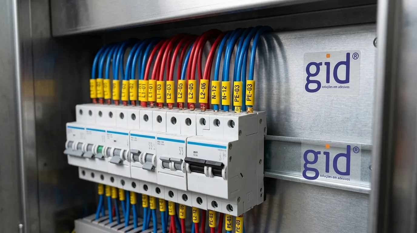 Cabos elétricos com anilhas de identificação de cabos amarelas instaladas em disjuntores.