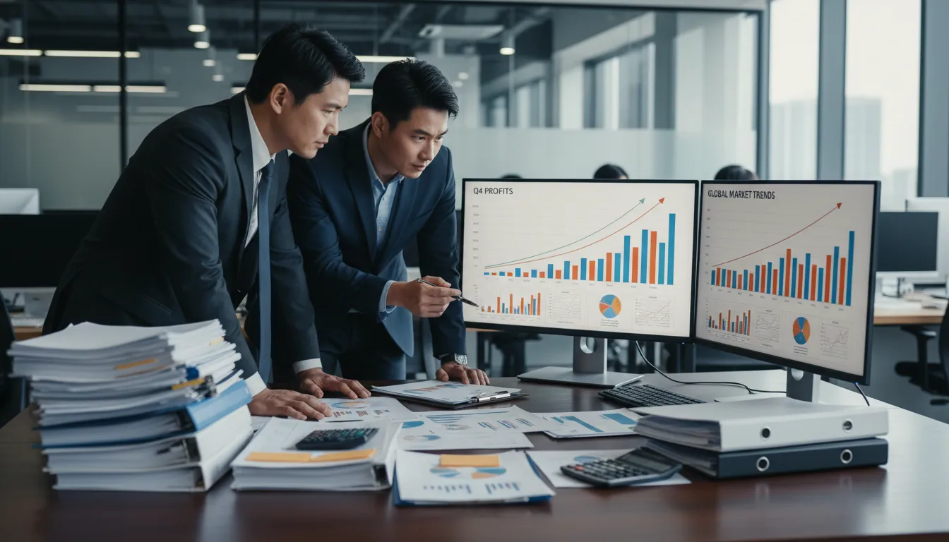 Contador orienta empreendedor estrangeiro com gráficos financeiros em ambiente corporativo americano