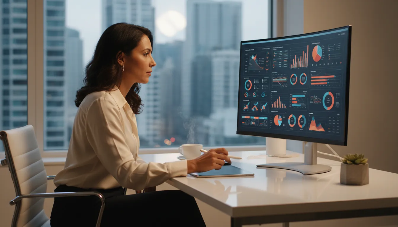Empreendedora utiliza inteligência artificial aplicada aos negócios, analisando dashboards de crescimento em seu escritório.